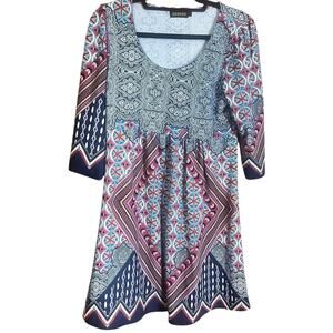 Reborn Navy Blue, White, Maroon Multi Pattern Summer Dress Size Large